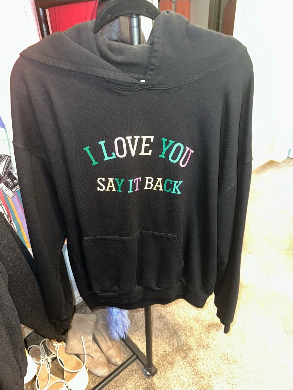 Lonely Ghost Black Hoodie with Multicolor "I LOVE YOU SAY IT BACK" Print
